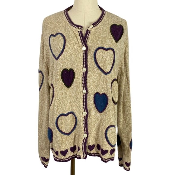 Vintage Christopher Banks XL Hand Embroidered Tan Heart Cardigan - Picture 1 of 8